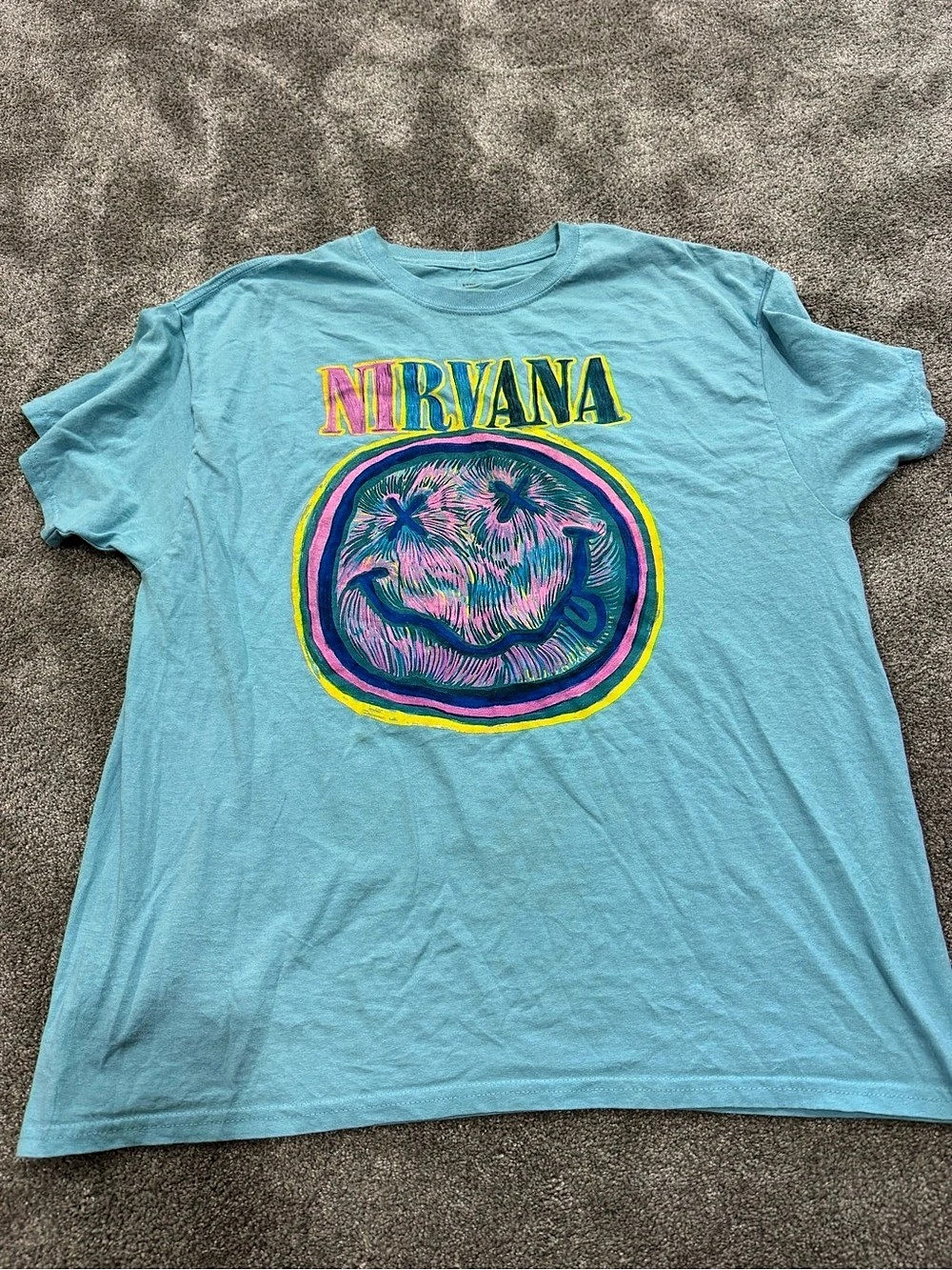 Nirvana T-Shirt Size Large Blue Short Sleeve Kurt Cobain Colorful Logo Size XL